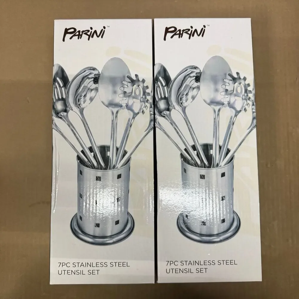LOT OF 2 - PARINI UTENSIL SET OF 7 STAINLESS STEEL NIB SPOON FORK SPATULA LADLE